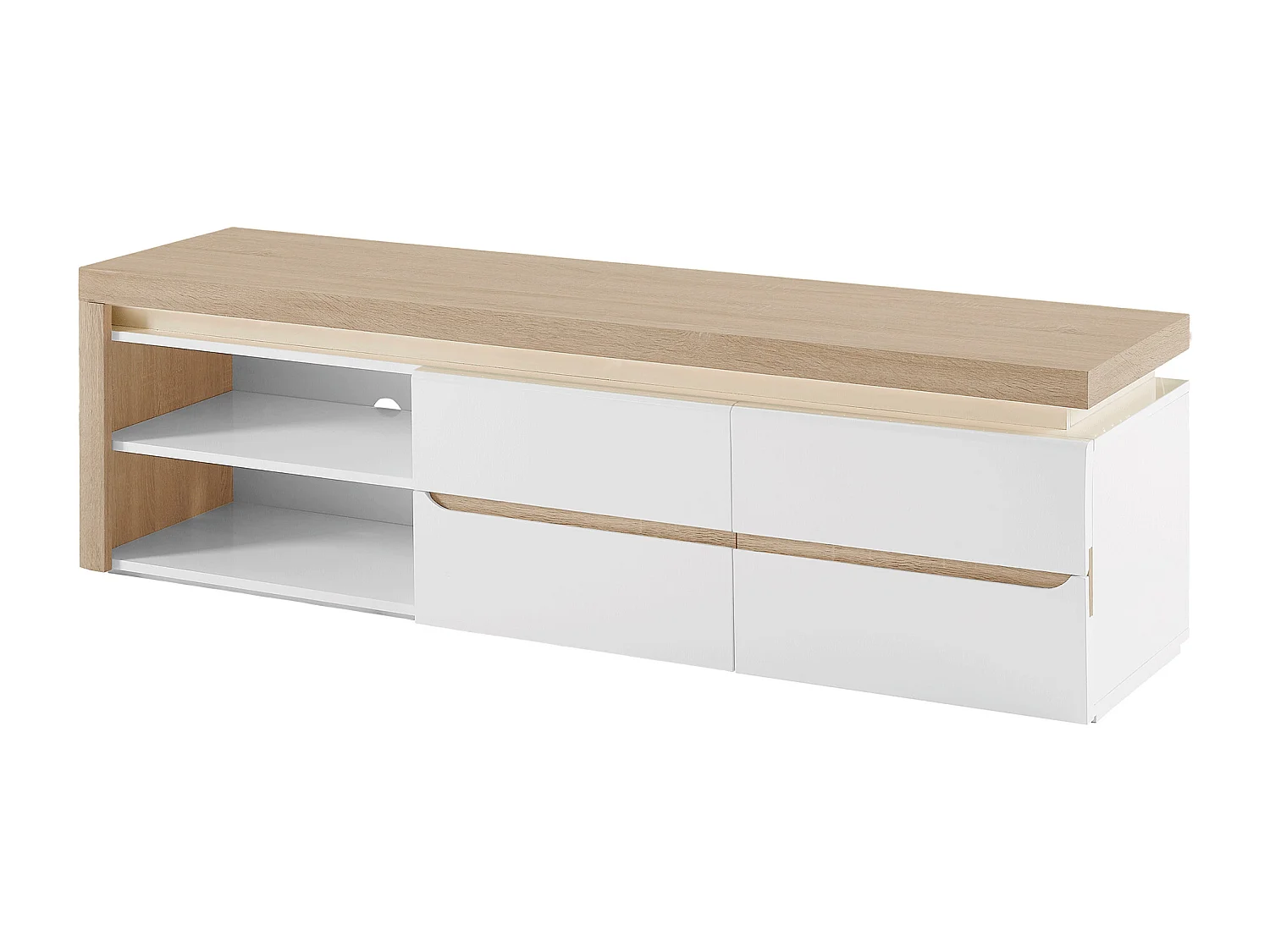 Meuble TV 2 portes et 2 niches avec LEDs en MDF - Blanc laqué et Naturel - VADEMOSA