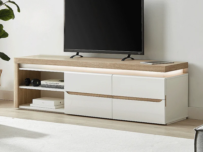 Meuble TV 2 portes et 2 niches avec LEDs en MDF - Blanc laqué et Naturel - VADEMOSA