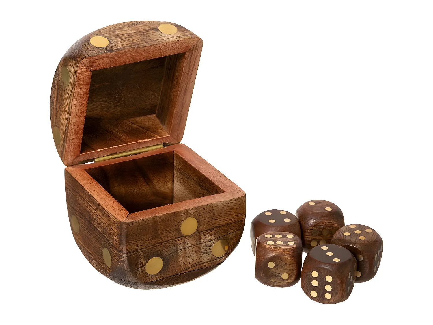 Objet déco Jeu de 5 Dés dans une Boite en forme de Dé en Bois de Manguier et Laiton