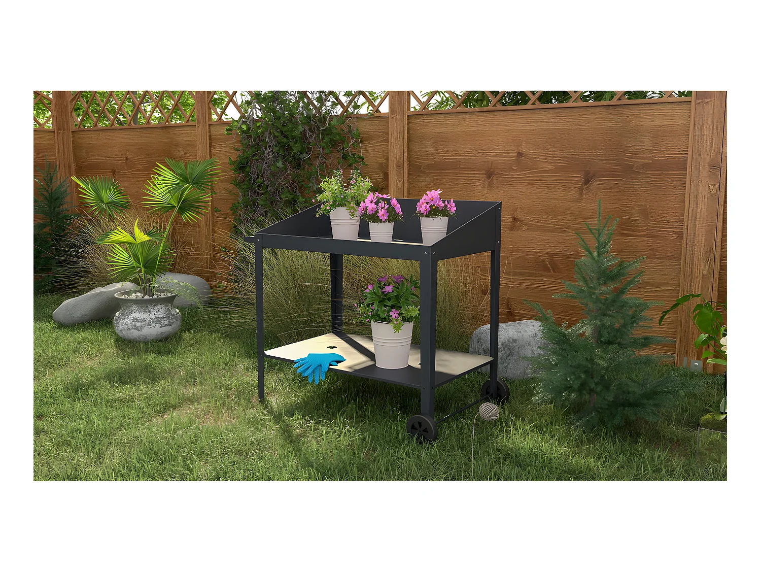 Table de rempotage métal "Orchidée" - 90 x 55 x 90 cm - Gris