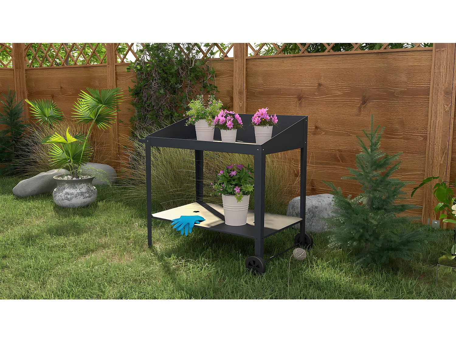 Table de rempotage métal "Orchidée" - 90 x 55 x 90 cm - Gris