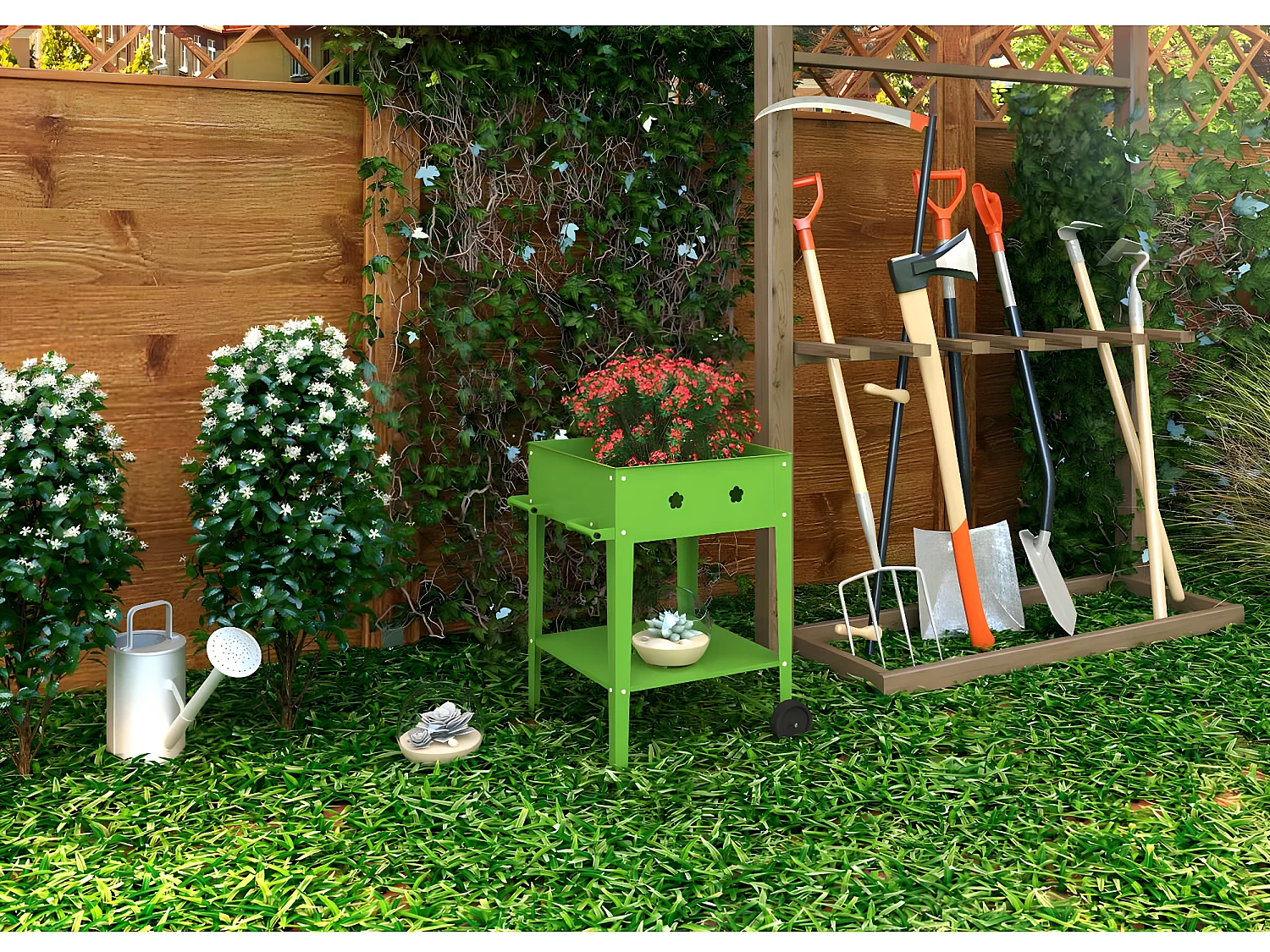 Carrello portavasi in metallo "Laurier" - 55 x 55 x 80 cm - Verde