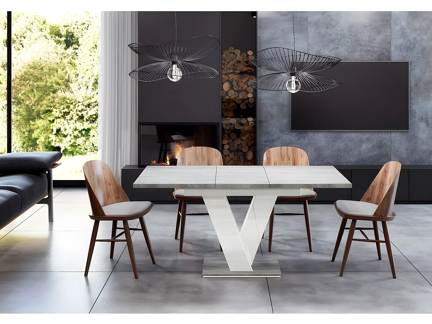 Table repas extensible "Masiv" - 120/160 x 80 x 75 cm - Béton/Blanc brillant