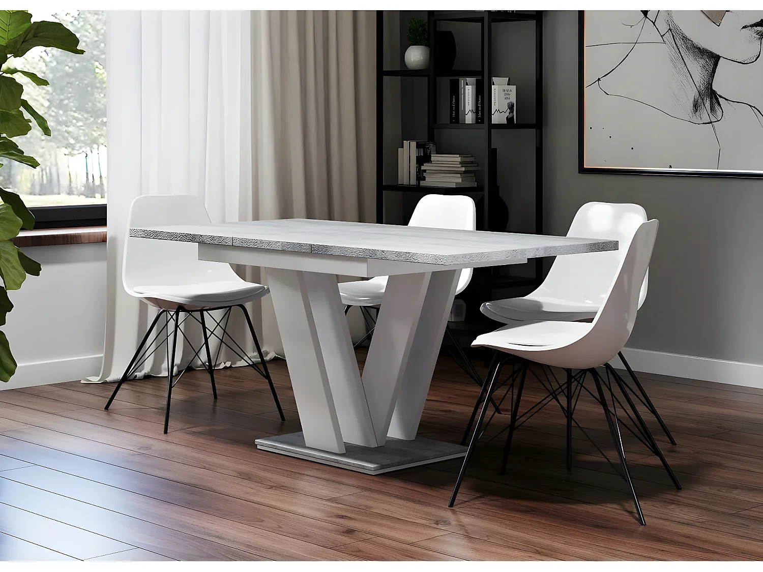 Table repas extensible "Masiv" - 120/160 x 80 x 75 cm - Béton/Blanc brillant