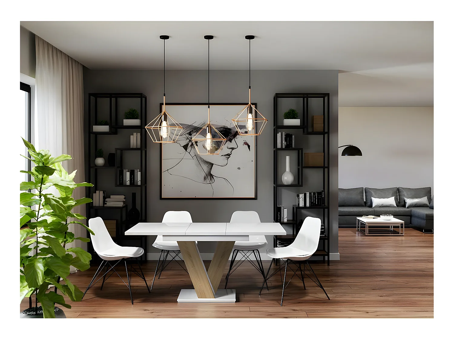 Table repas extensible "Masiv" - 120/160 x 80 x 75 cm - Blanc brillant/Sonoma