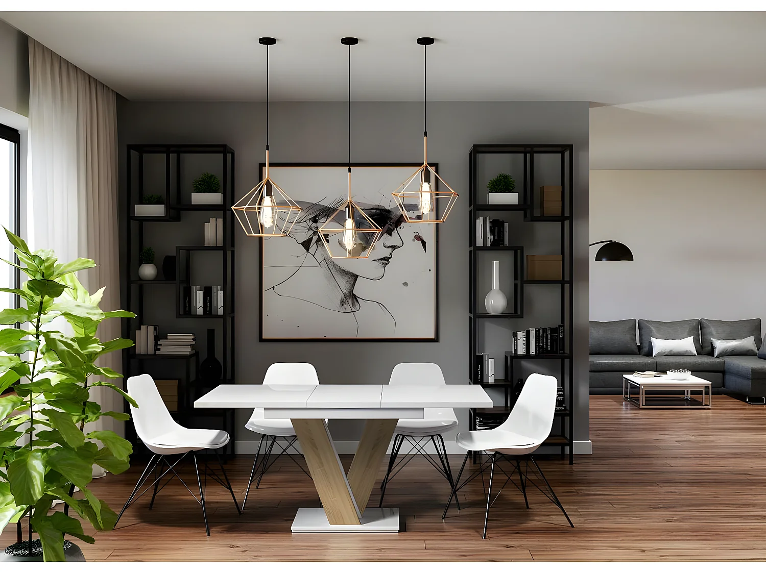 Table repas extensible "Masiv" - 120/160 x 80 x 75 cm - Blanc brillant/Sonoma