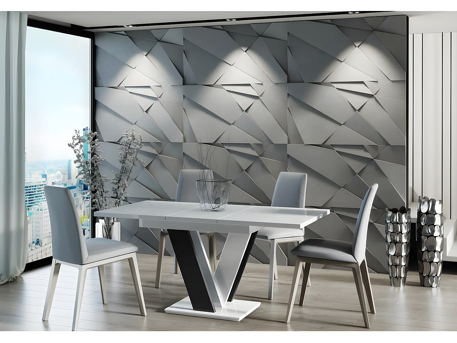 Table repas extensible "Masiv" - 120/160 x 80 x 75 cm - Blanc brillant/Noir brillant