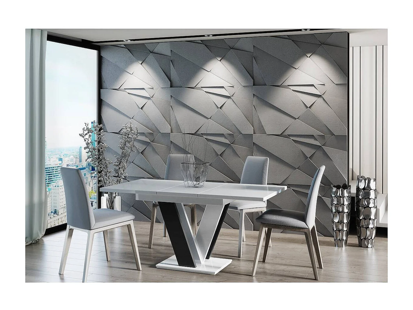 Mesa de jantar extensível "Masiv" - Branco/Preto brilhante - 4 a 6 lugares