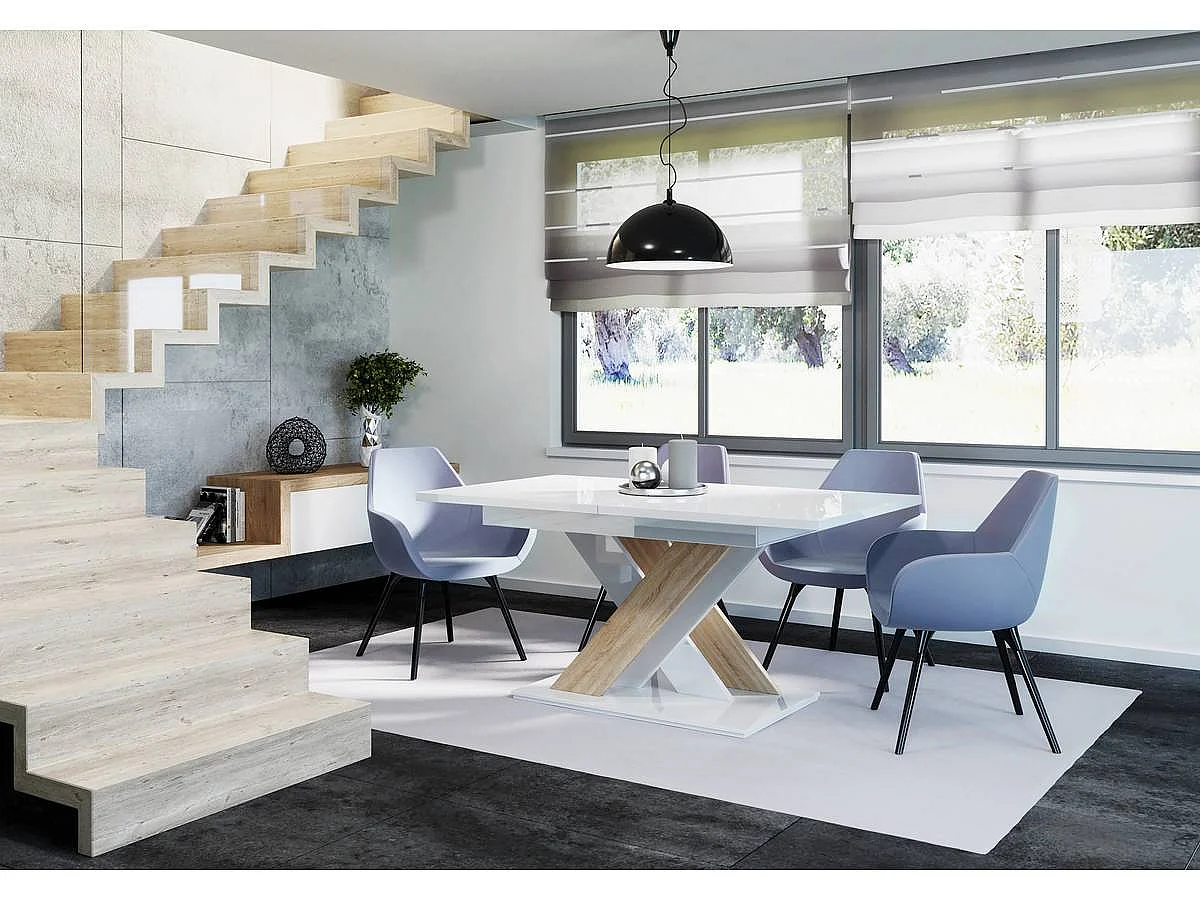 Mesa de jantar extensível "Bronx" - Branco brilhante/Sonoma - Design chique e moderno - Até 8 pessoas
