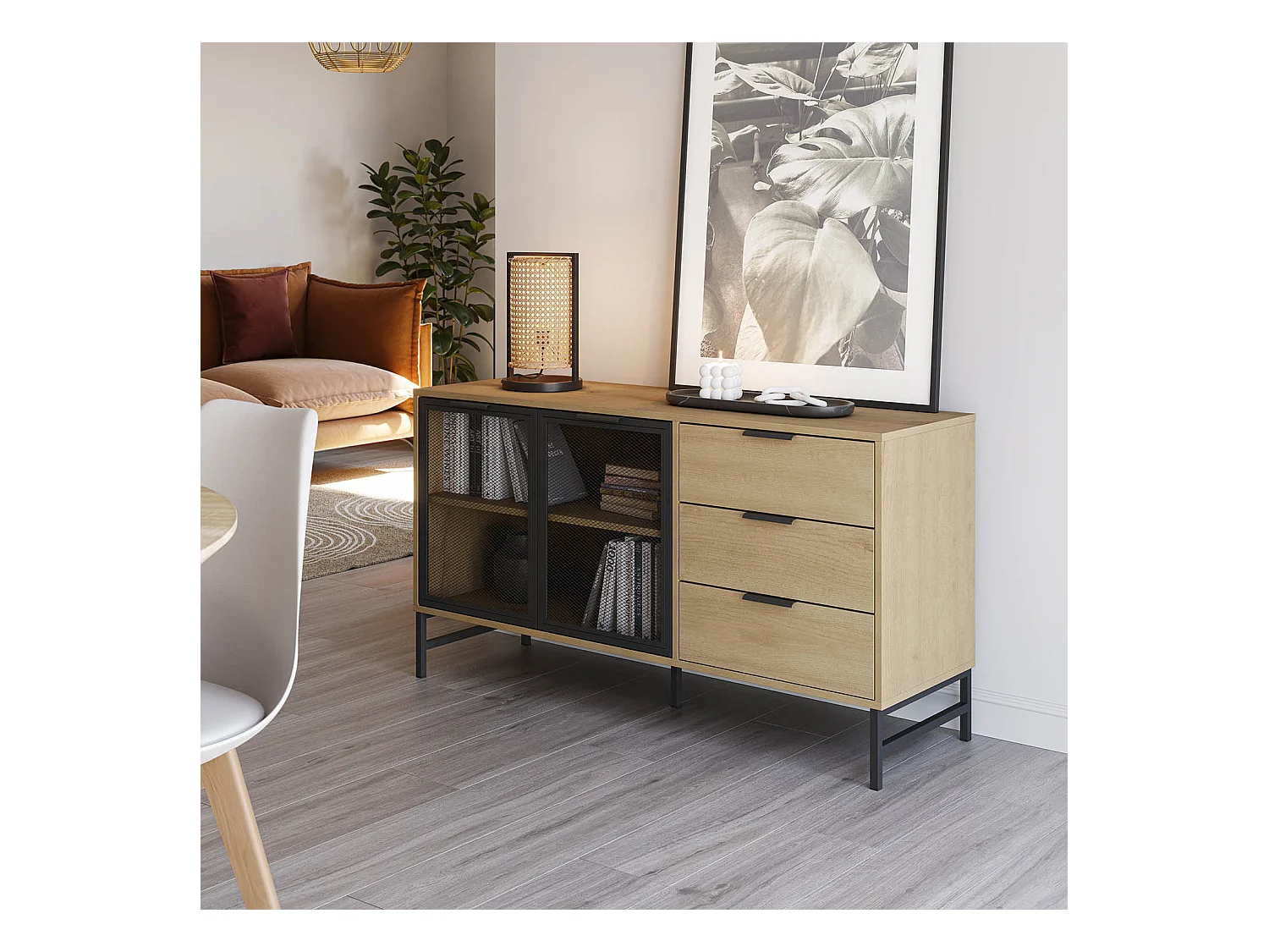 Buffet Isis 2 portes en métal noir et 3 tiroirs, 130 cm