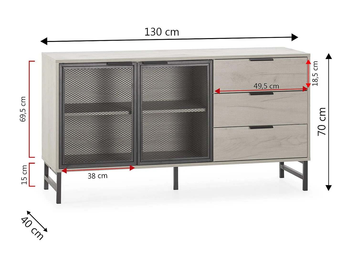 Buffet Isis 2 portes en métal noir et 3 tiroirs, 130 cm
