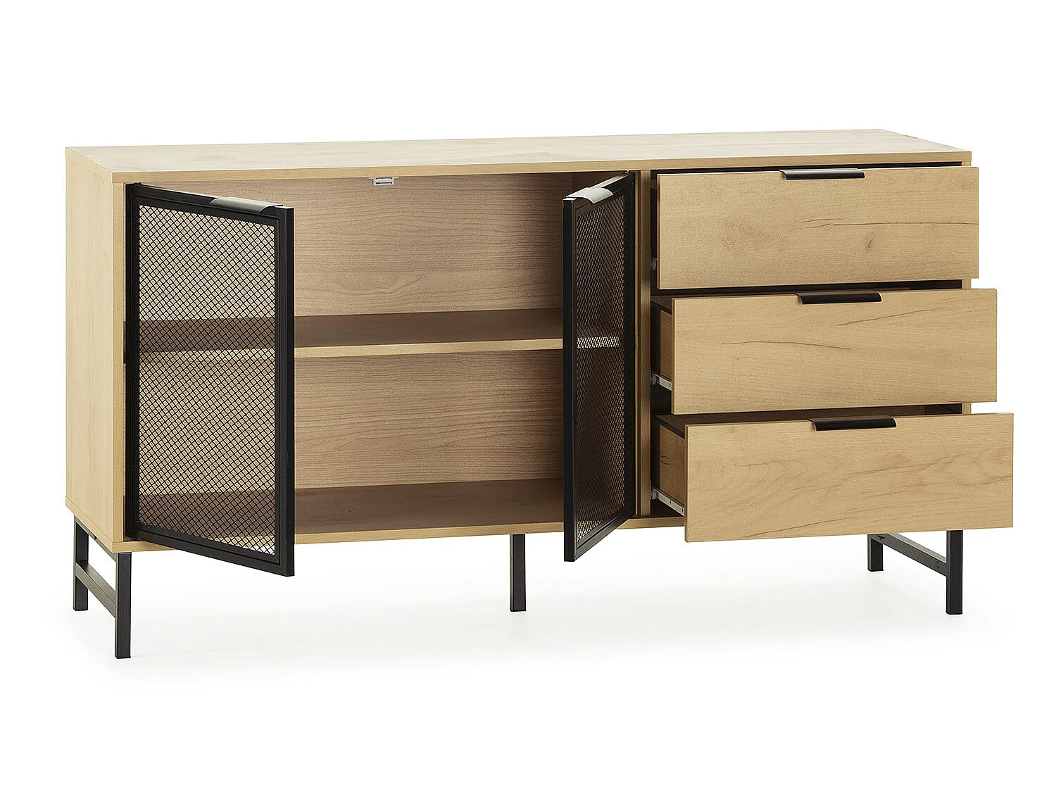 Dressoir Isis 2 Deuren Zwart Metaal en 3 Laden, 130 cm