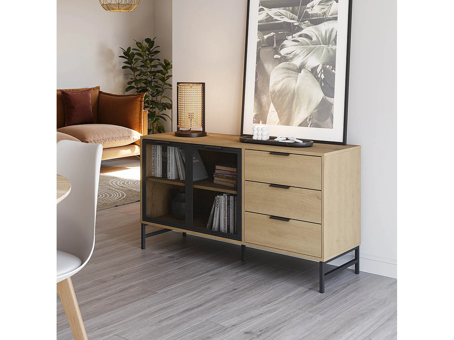 Dressoir Isis 2 Deuren Zwart Metaal en 3 Laden, 130 cm