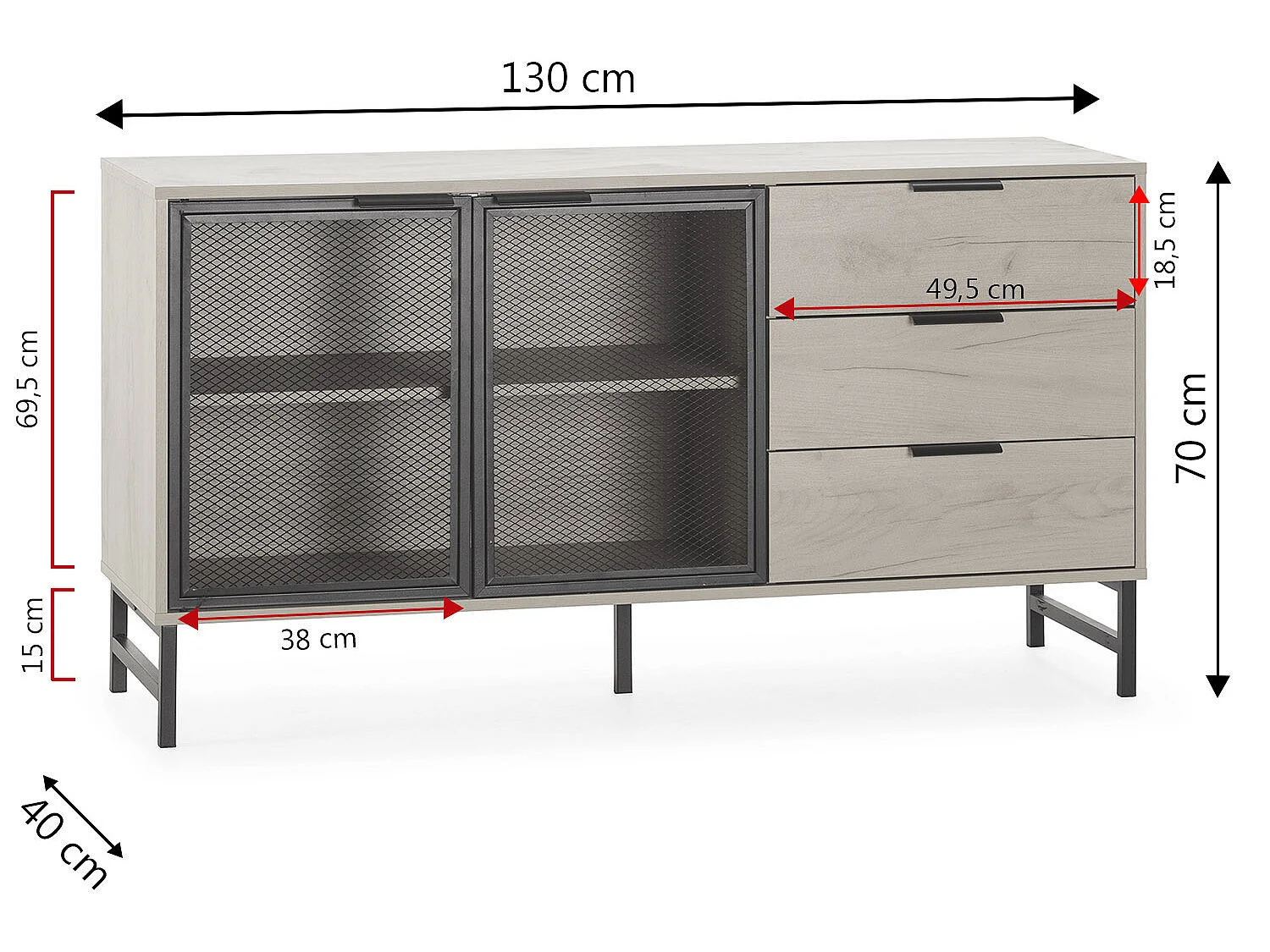 Dressoir Isis 2 Deuren Zwart Metaal en 3 Laden, 130 cm