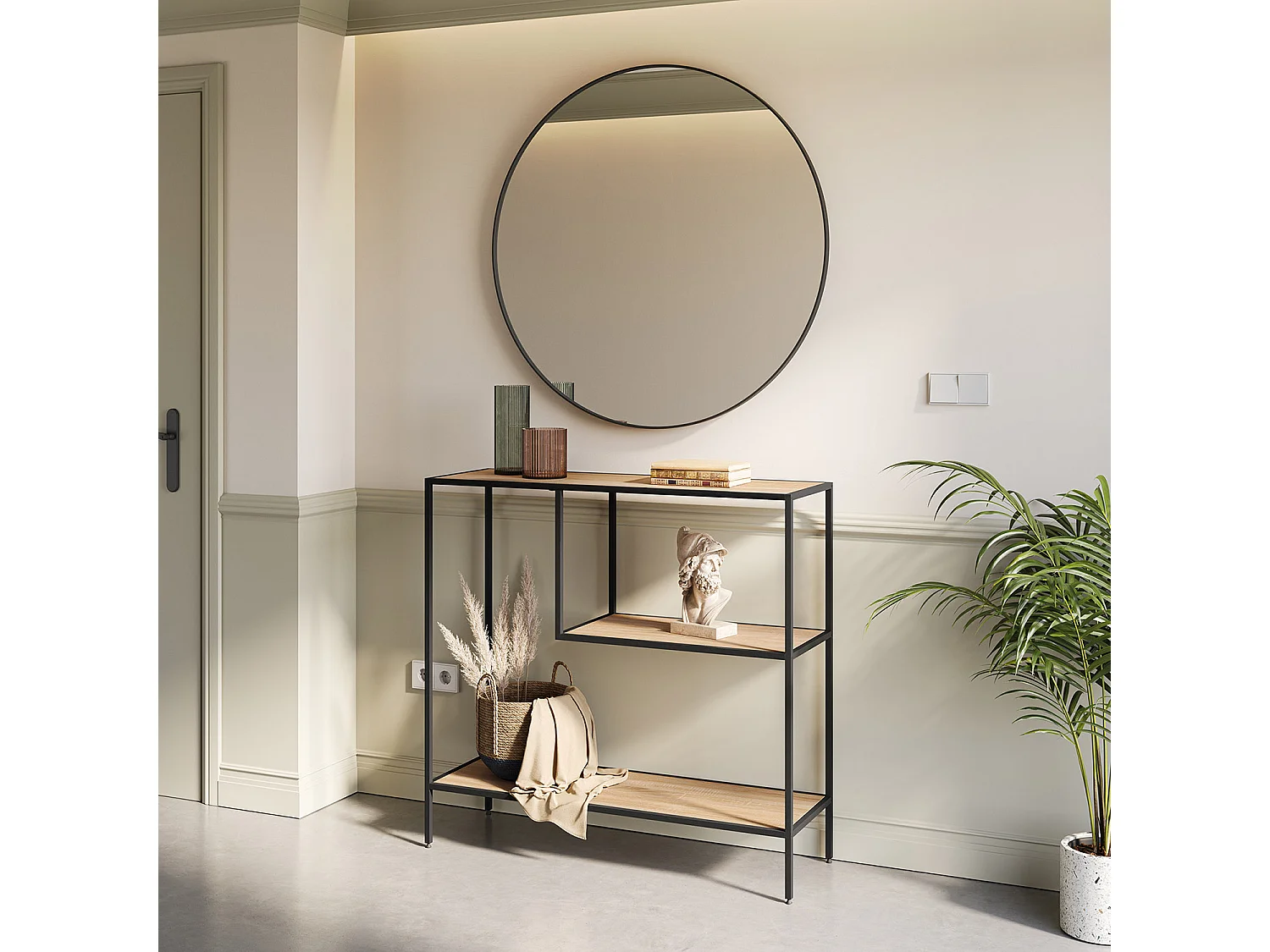 Meuble d'entrée Ines avec 2 étagères, couleur chêne/noir