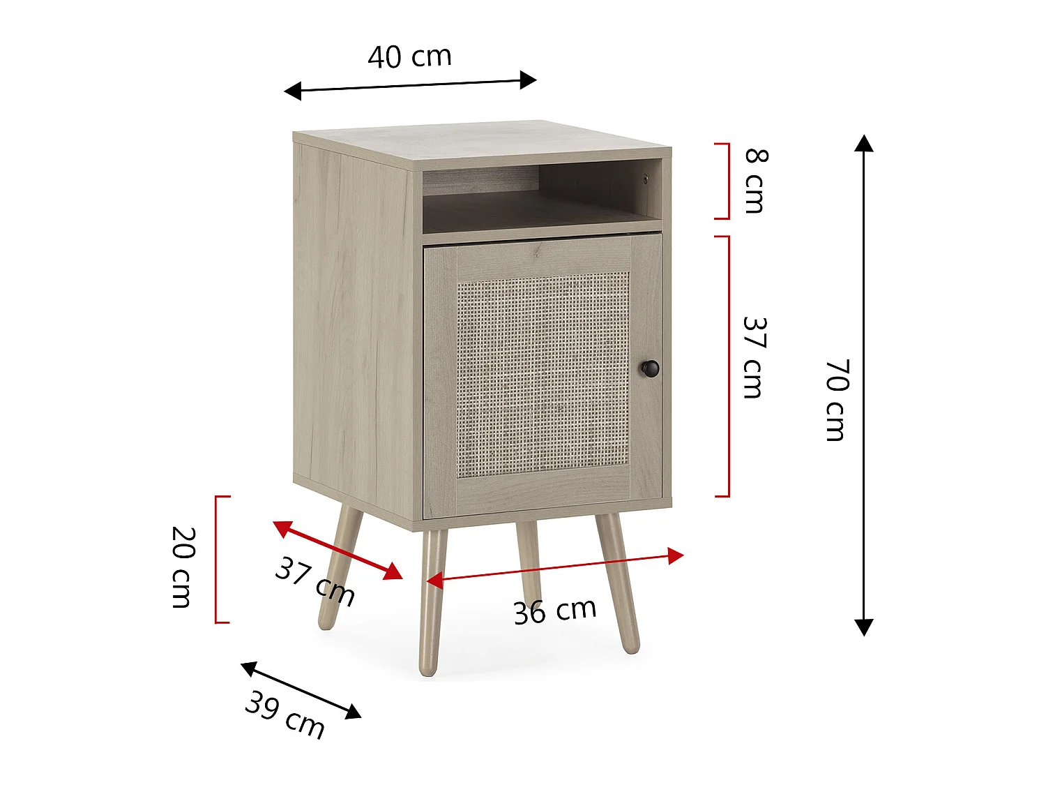 Comodino Bella 1 anta color rovere, rattan naturale