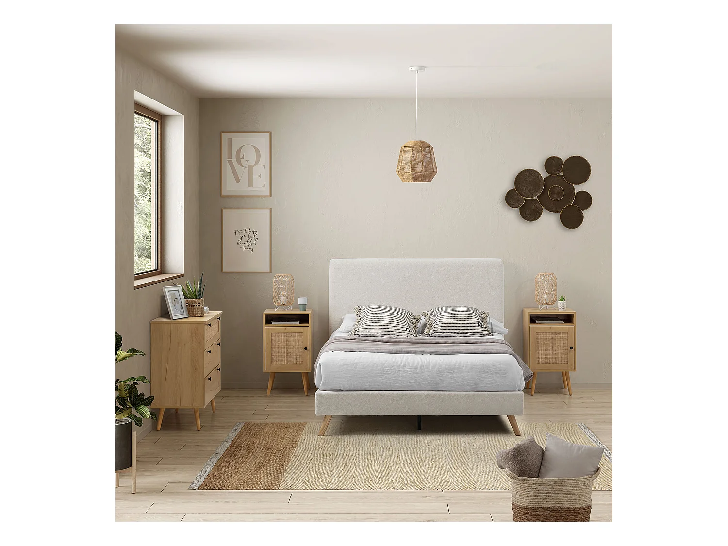 Comodino Bella 1 anta color rovere, rattan naturale