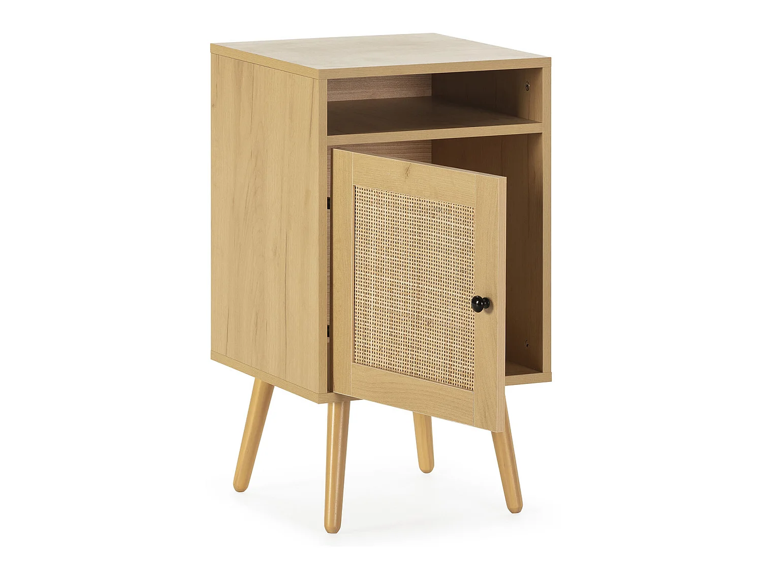 Table de Chevet Bella 1 Porte Couleur Chêne, Rotin Naturel