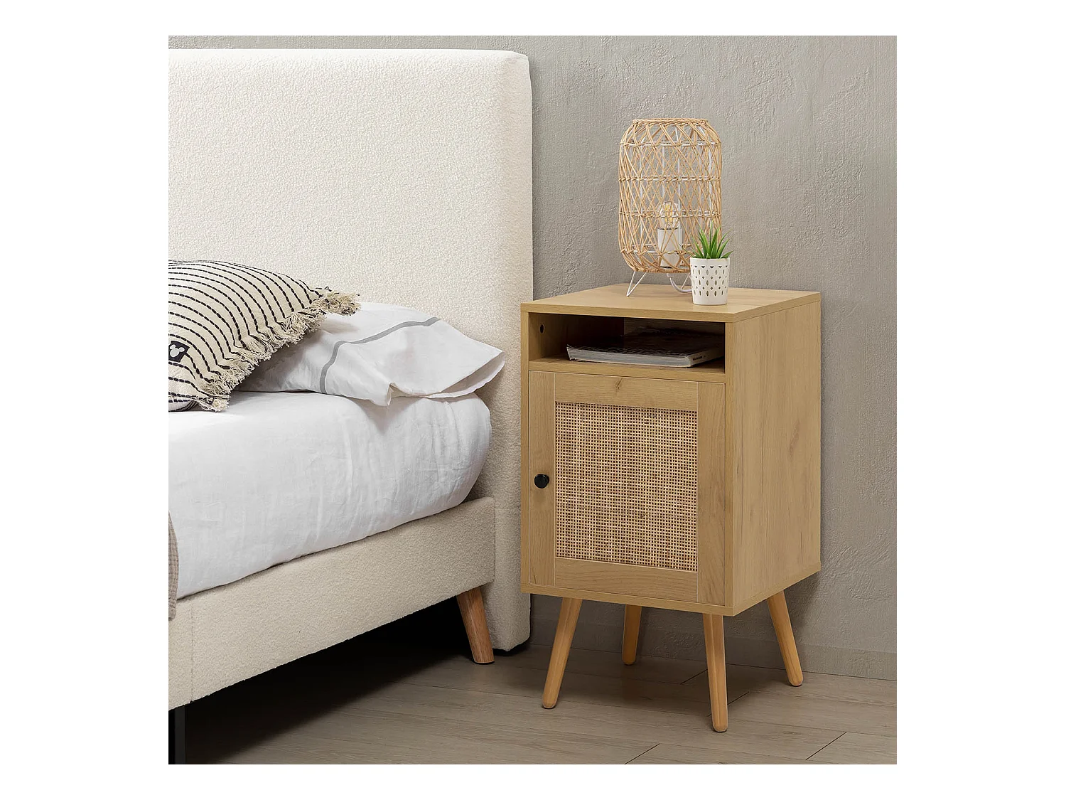 Table de Chevet Bella 1 Porte Couleur Chêne, Rotin Naturel