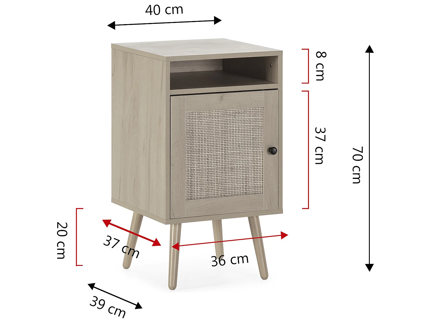 Nachtkastje Bella 1 Deur Eiken Kleur, Natuurlijk Rotan