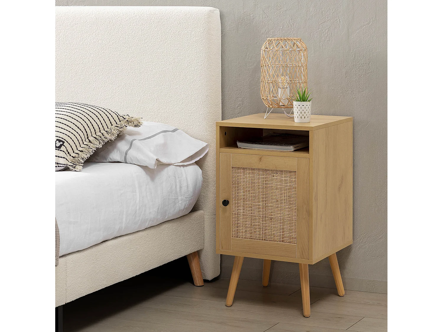 Nachtkastje Bella 1 Deur Eiken Kleur, Natuurlijk Rotan