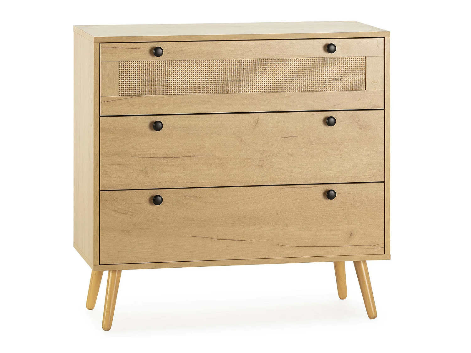 Cômoda de Noite Bella 3 gavetas Cor Carvalho com vime Natural