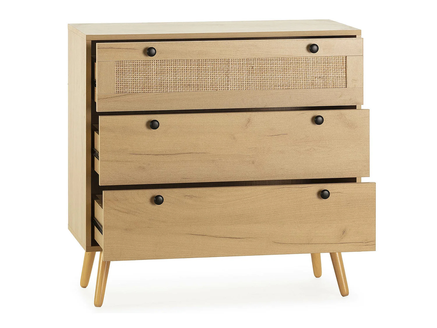 Cômoda de Noite Bella 3 gavetas Cor Carvalho com vime Natural