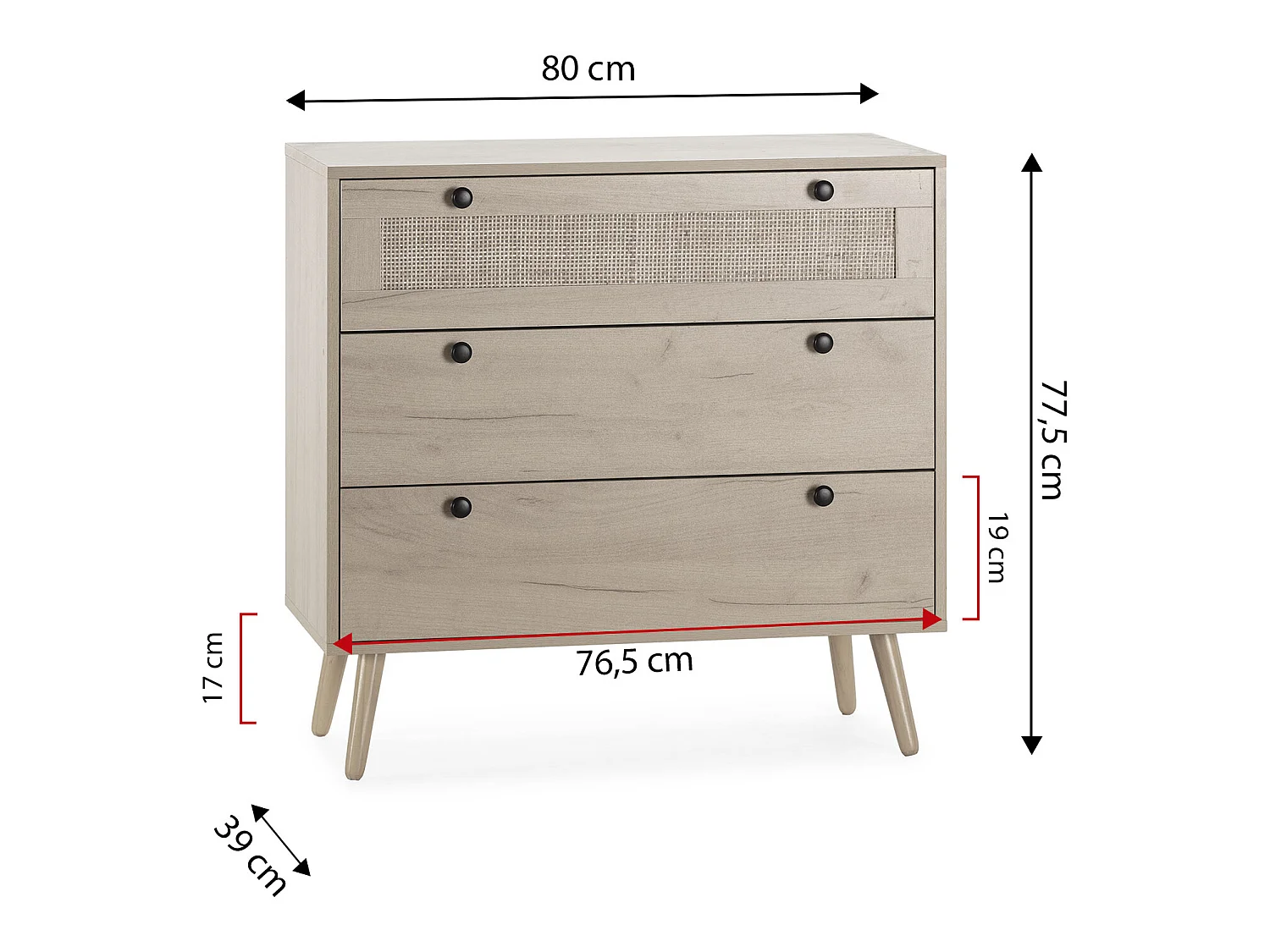 Cômoda de Noite Bella 3 gavetas Cor Carvalho com vime Natural