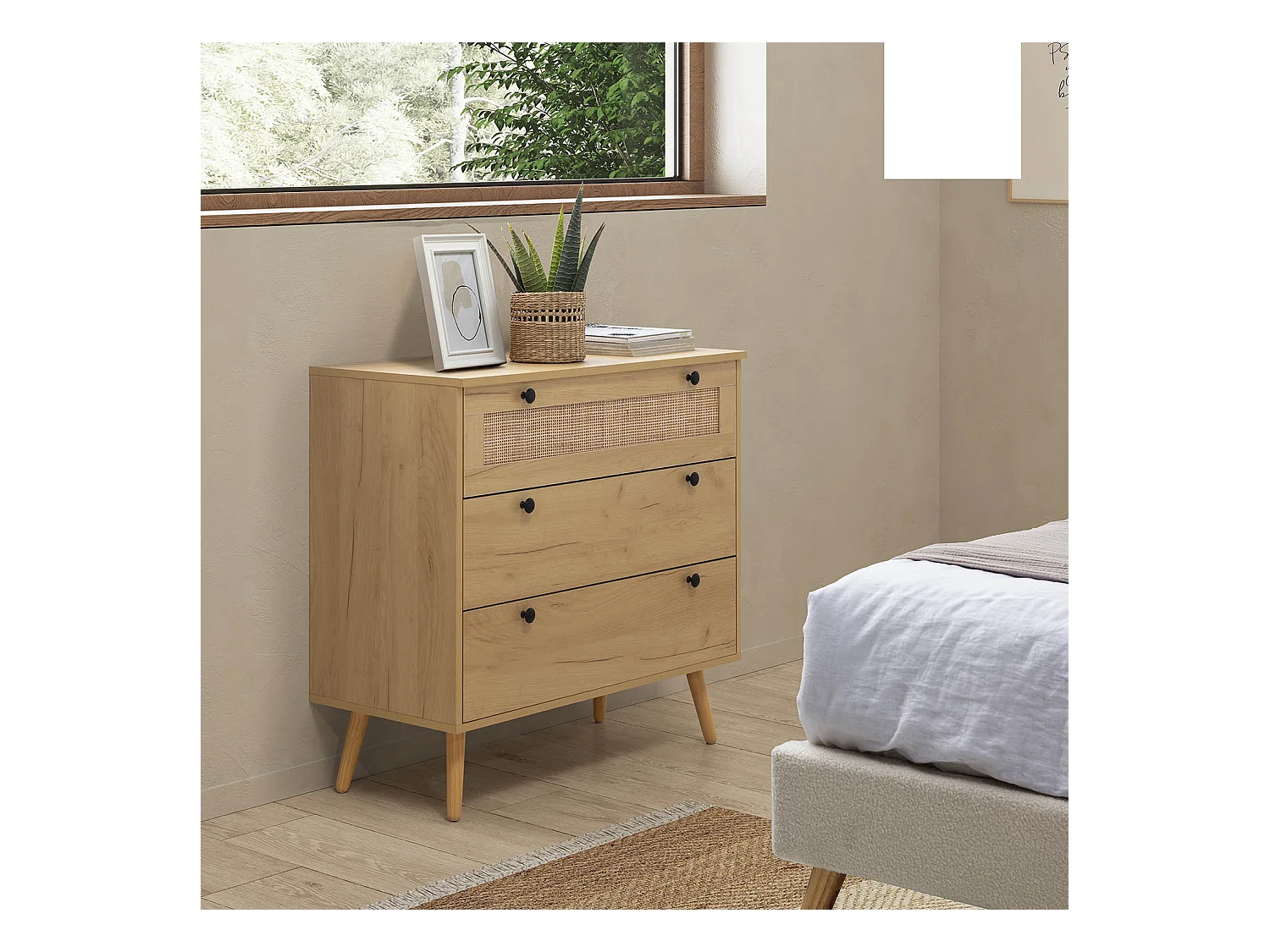 Cômoda de Noite Bella 3 gavetas Cor Carvalho com vime Natural