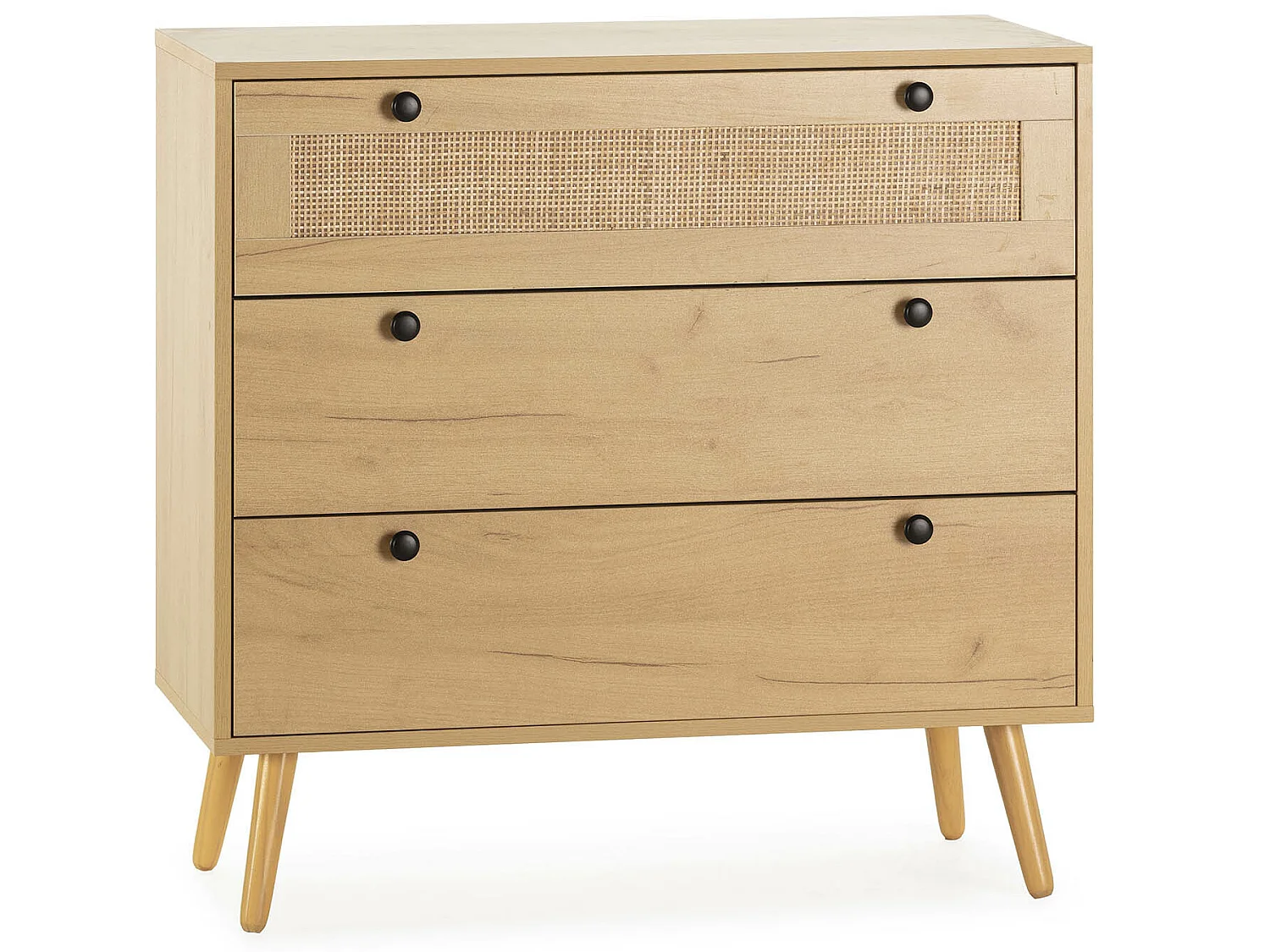 Nachtkastje Bella met 3 laden in eiken kleur met natuurlijk riet.