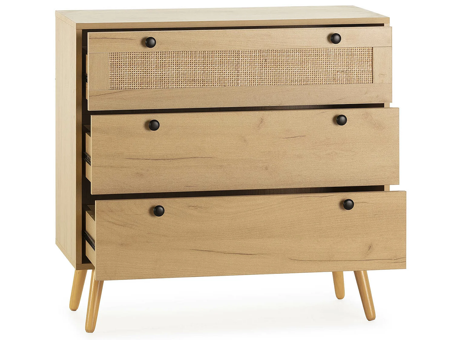Nachtkastje Bella met 3 laden in eiken kleur met natuurlijk riet.