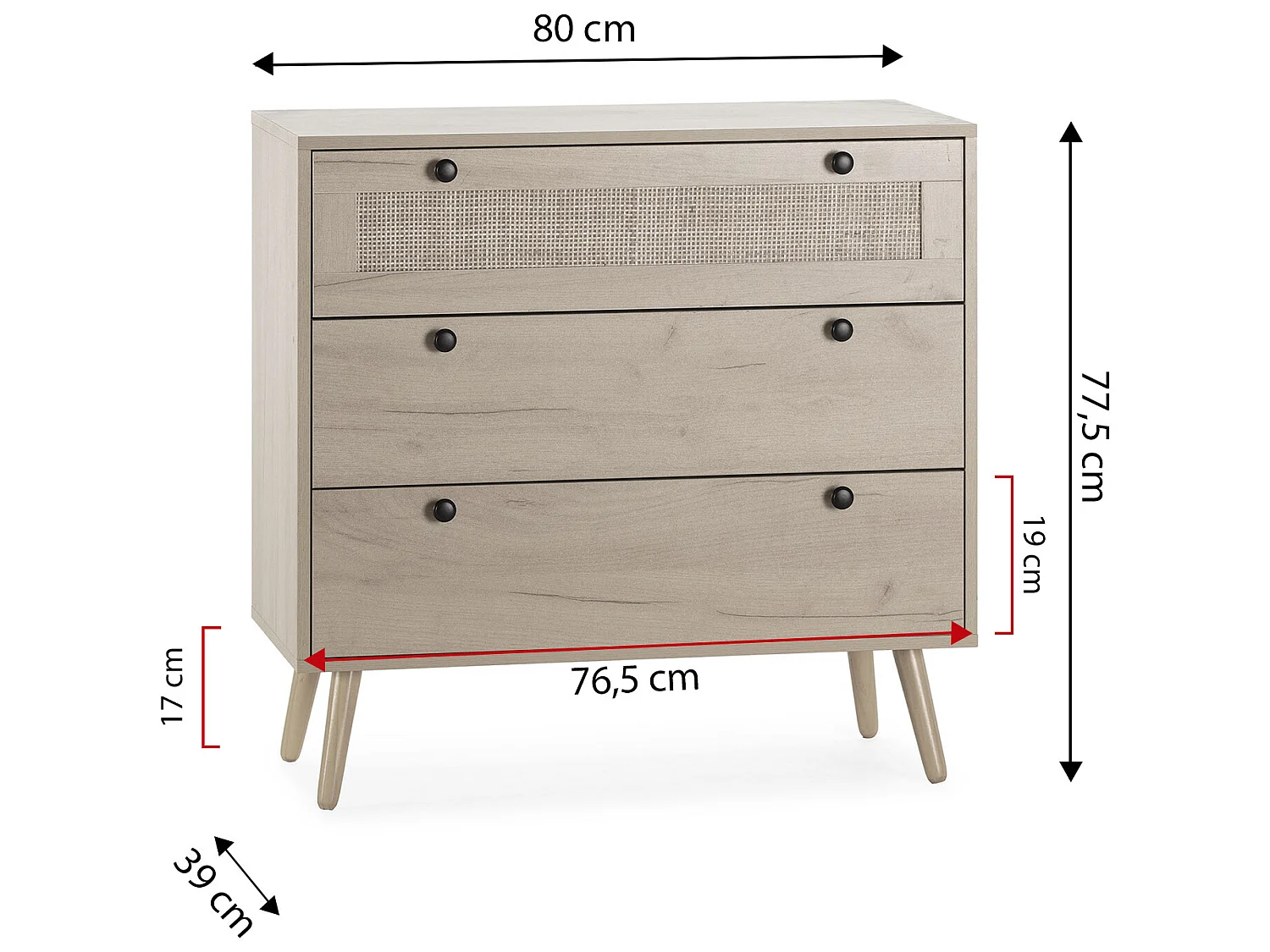 Nachtkastje Bella met 3 laden in eiken kleur met natuurlijk riet.
