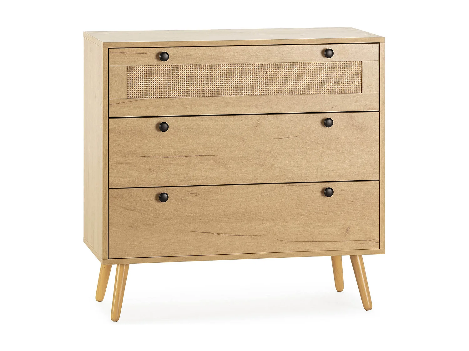 Commode nuit Bella 3 tiroirs couleur chêne avec rotin naturel