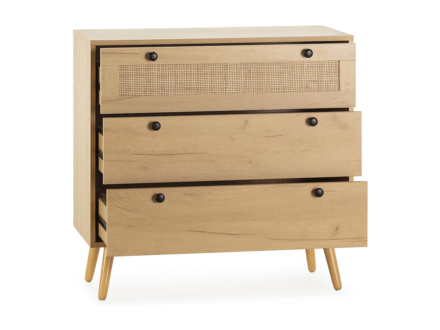 Commode nuit Bella 3 tiroirs couleur chêne avec rotin naturel