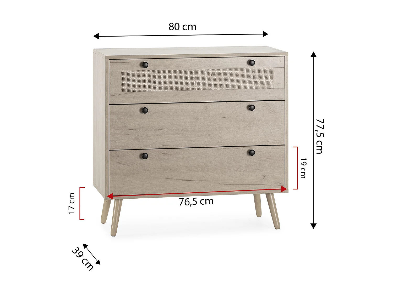 Commode nuit Bella 3 tiroirs couleur chêne avec rotin naturel