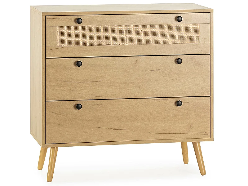Commode nuit Bella 3 tiroirs couleur chêne avec rotin naturel