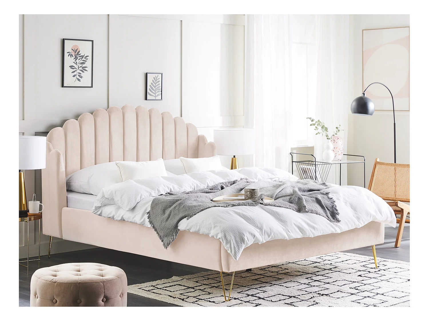 Lit avec sommier Velours AMBILLOU 160 x 200 cm Beige clair