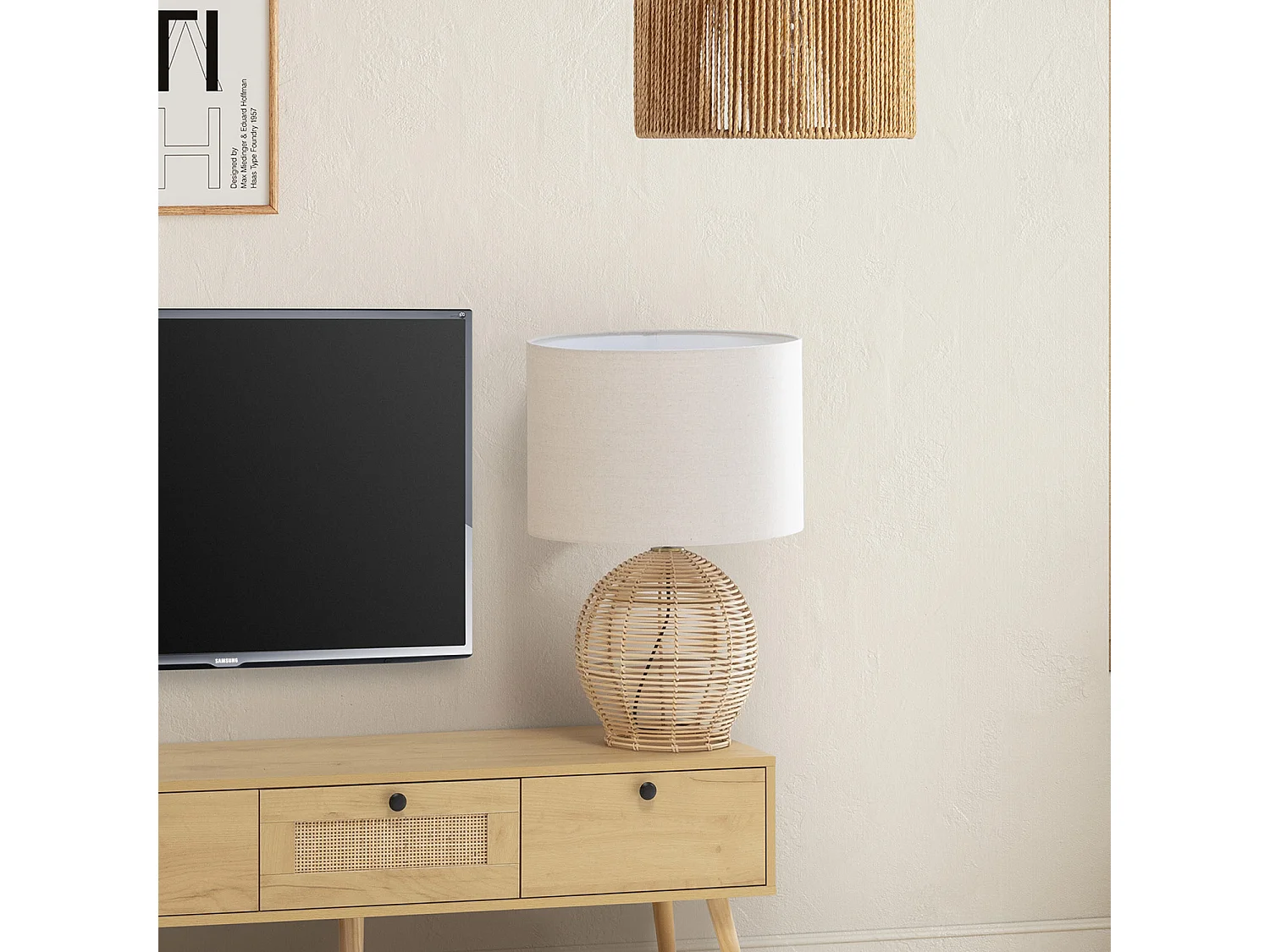 Lampe à poser Miki en rotin naturel, diamètre 42 cm