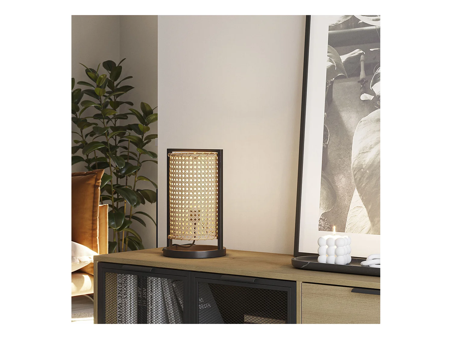 Lampada da tavolo Isao in rattan naturale, diametro 20 cm