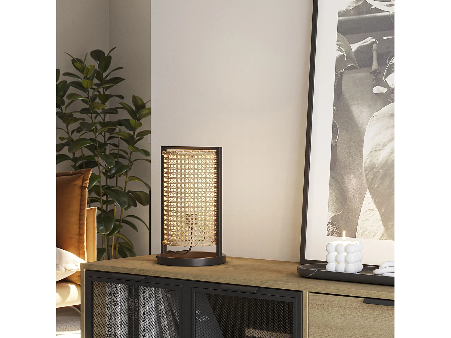 Lampe à poser Isao en rotin naturel, diamètre 20 cm