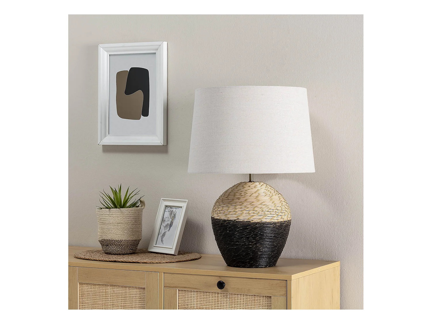 Lampe à poser Oyuki en rotin naturel, diamètre 40,5 cm