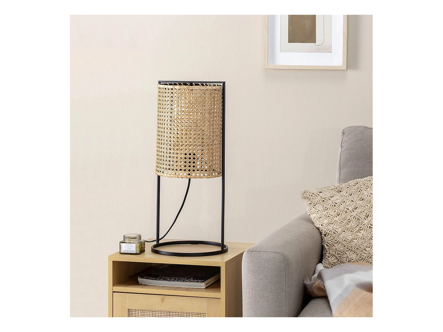 Lampe à poser Sumi en rotin naturel, diamètre 26 cm