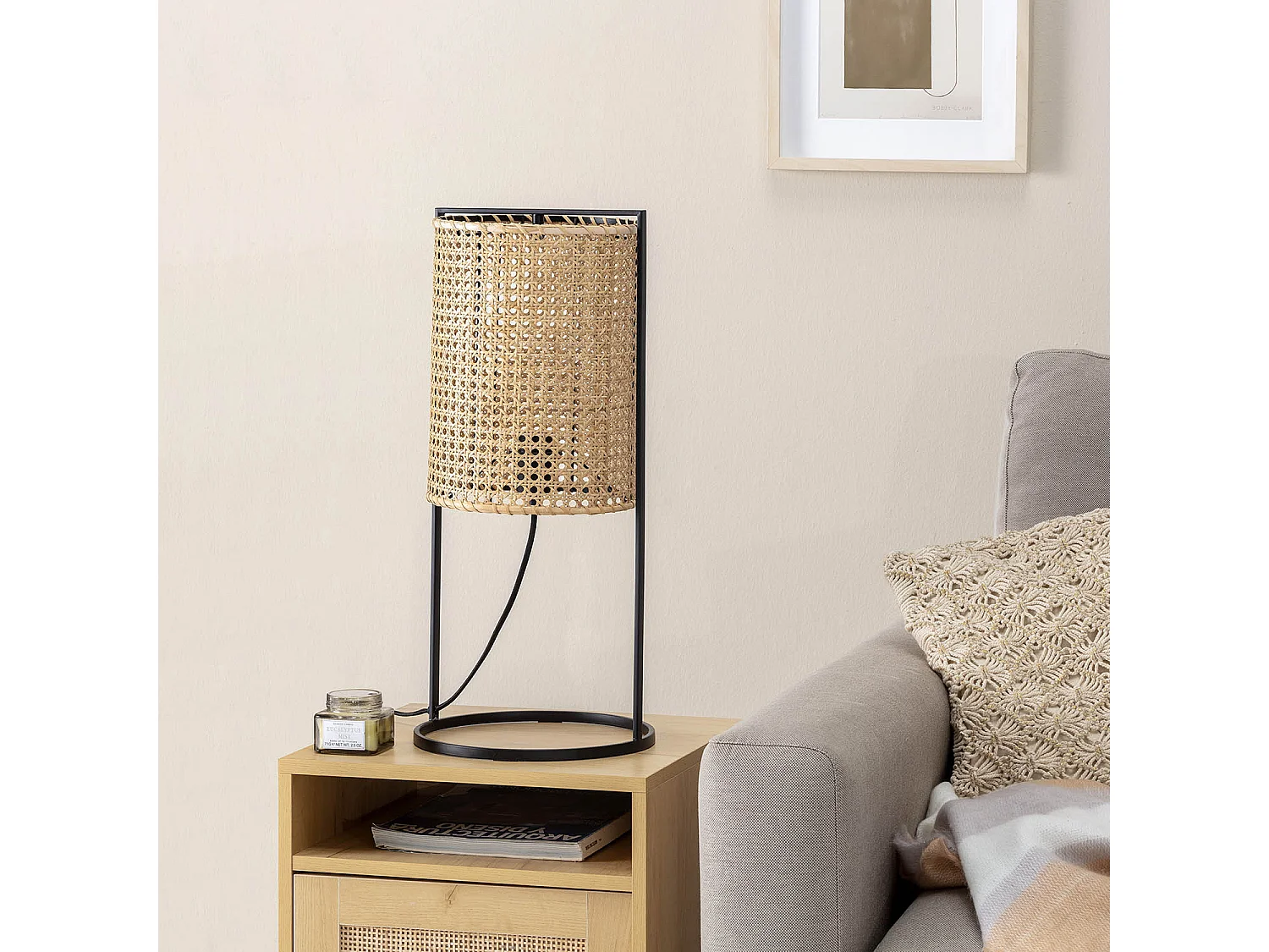 Lampe à poser Sumi en rotin naturel, diamètre 26 cm