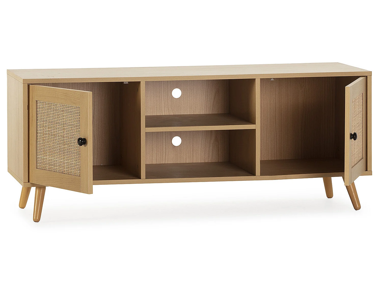 Meuble TV Bella 2 Portes Couleur Chêne avec Rotin Naturel