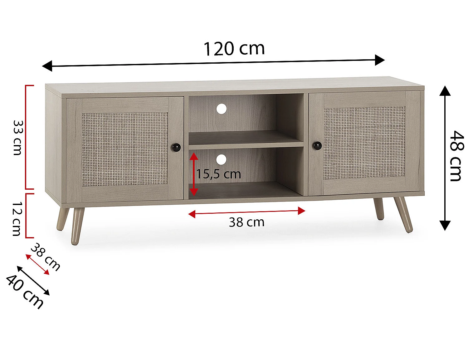Meuble TV Bella 2 Portes Couleur Chêne avec Rotin Naturel