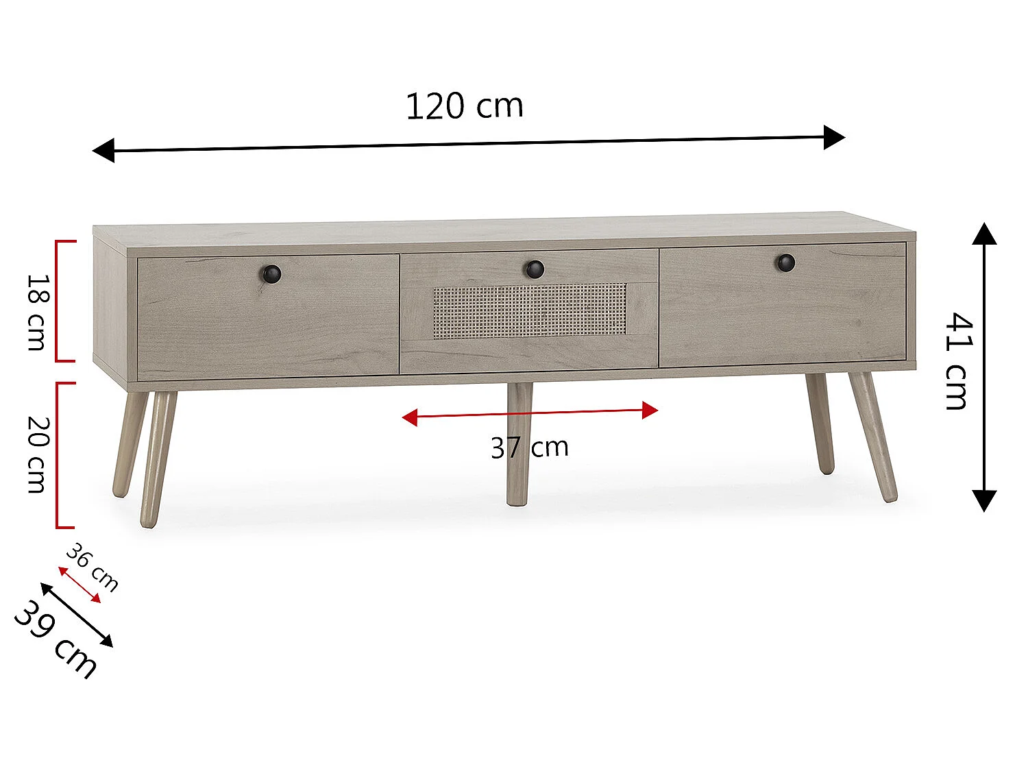 Meuble TV Bella 3 Portes Couleur Chêne avec Rotin Naturel