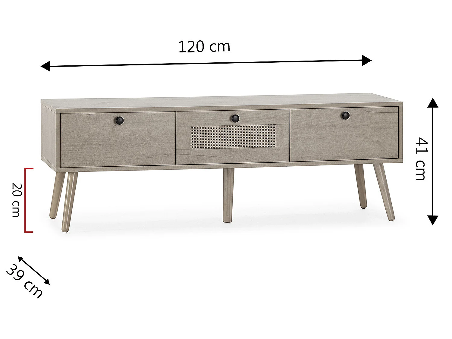 Meuble TV Bella 3 Portes Couleur Chêne avec Rotin Naturel