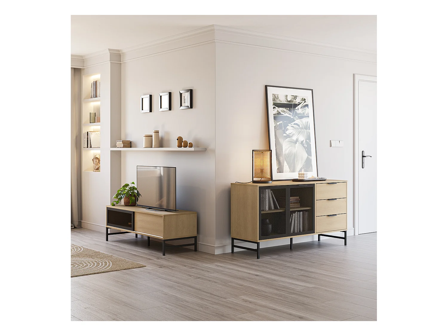 Mobile TV ISIS con 2 ante in rovere e metallo nero, 120 cm