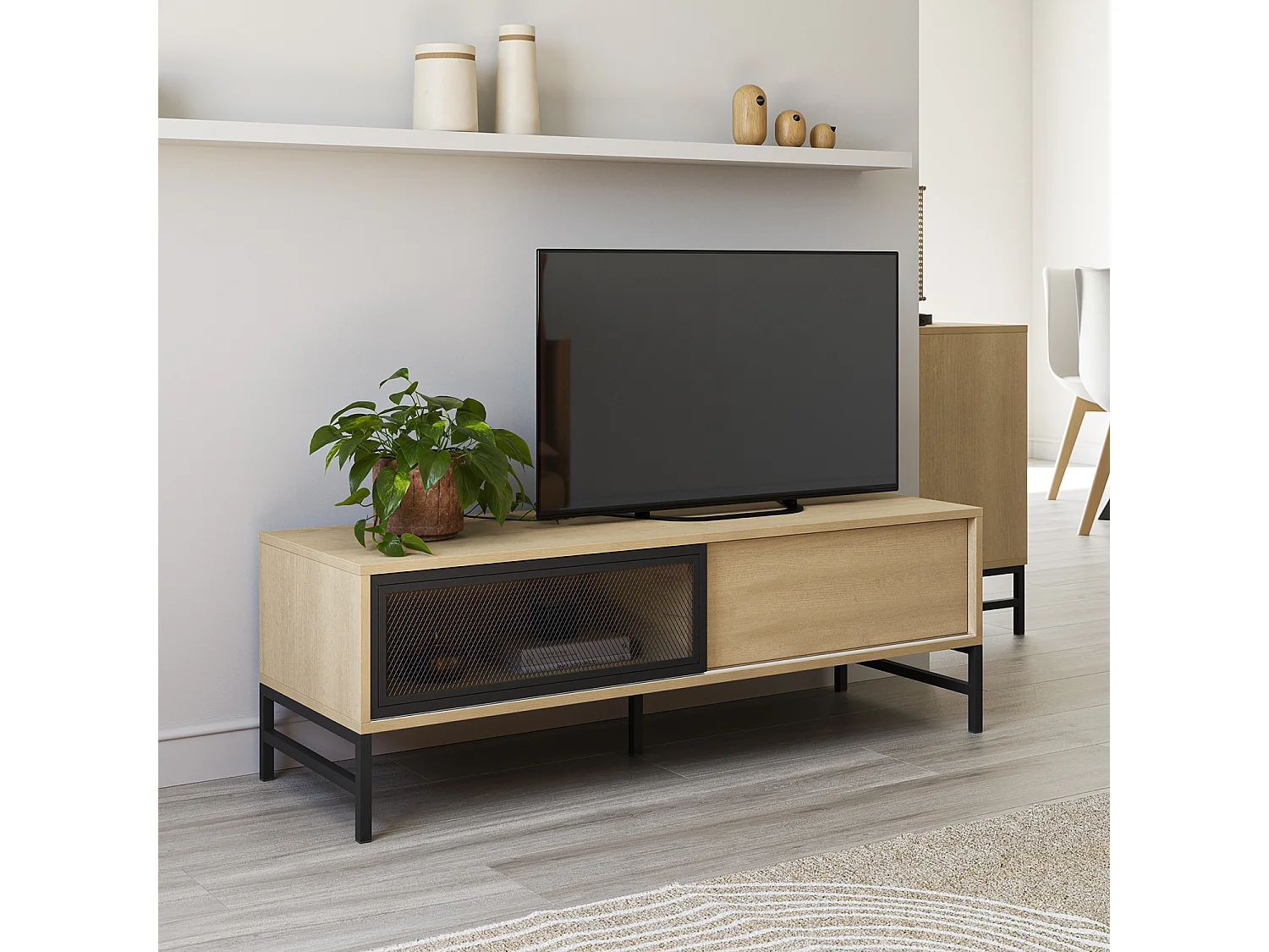 Meuble tv Isis 2 portes en chêne et métal noir 120 cm