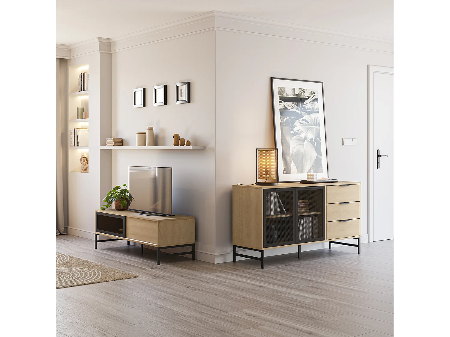 Meuble tv Isis 2 portes en chêne et métal noir 120 cm